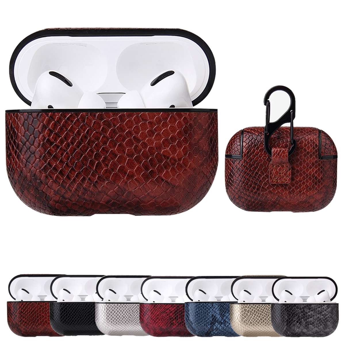 For AirPods Pro Anti-fall Snakeskin Texture PU Leather Protective Case with Carabiner(Silver)