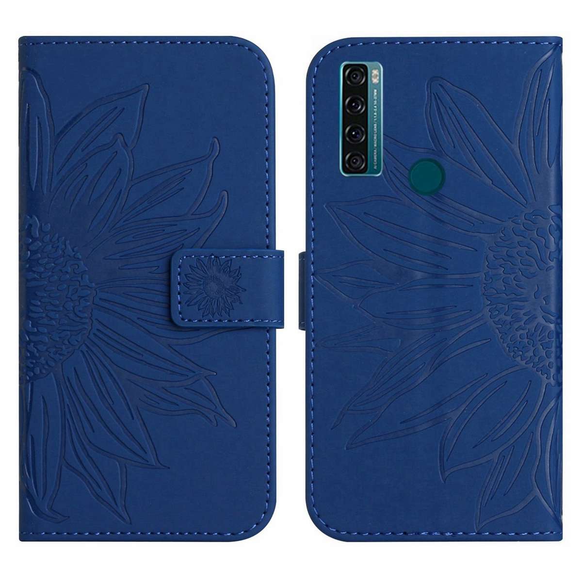 For TCL 20 SE Skin Feel Sun Flower Pattern Flip Leather Phone Case with Lanyard(Dark Blue)
