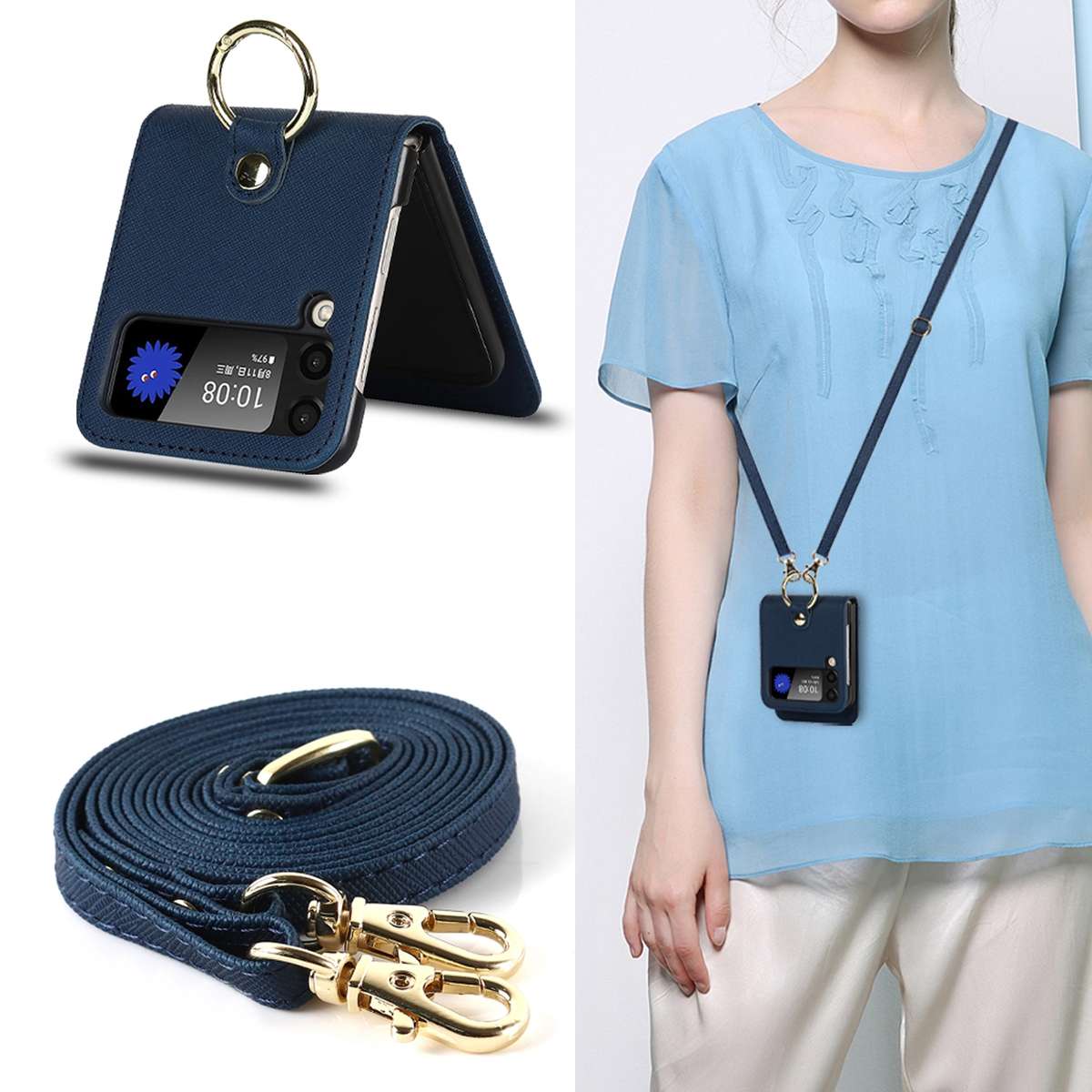 For Samsung Galaxy Z Flip4 5G Cross Texture Lanyard Ring Phone Case(Blue)