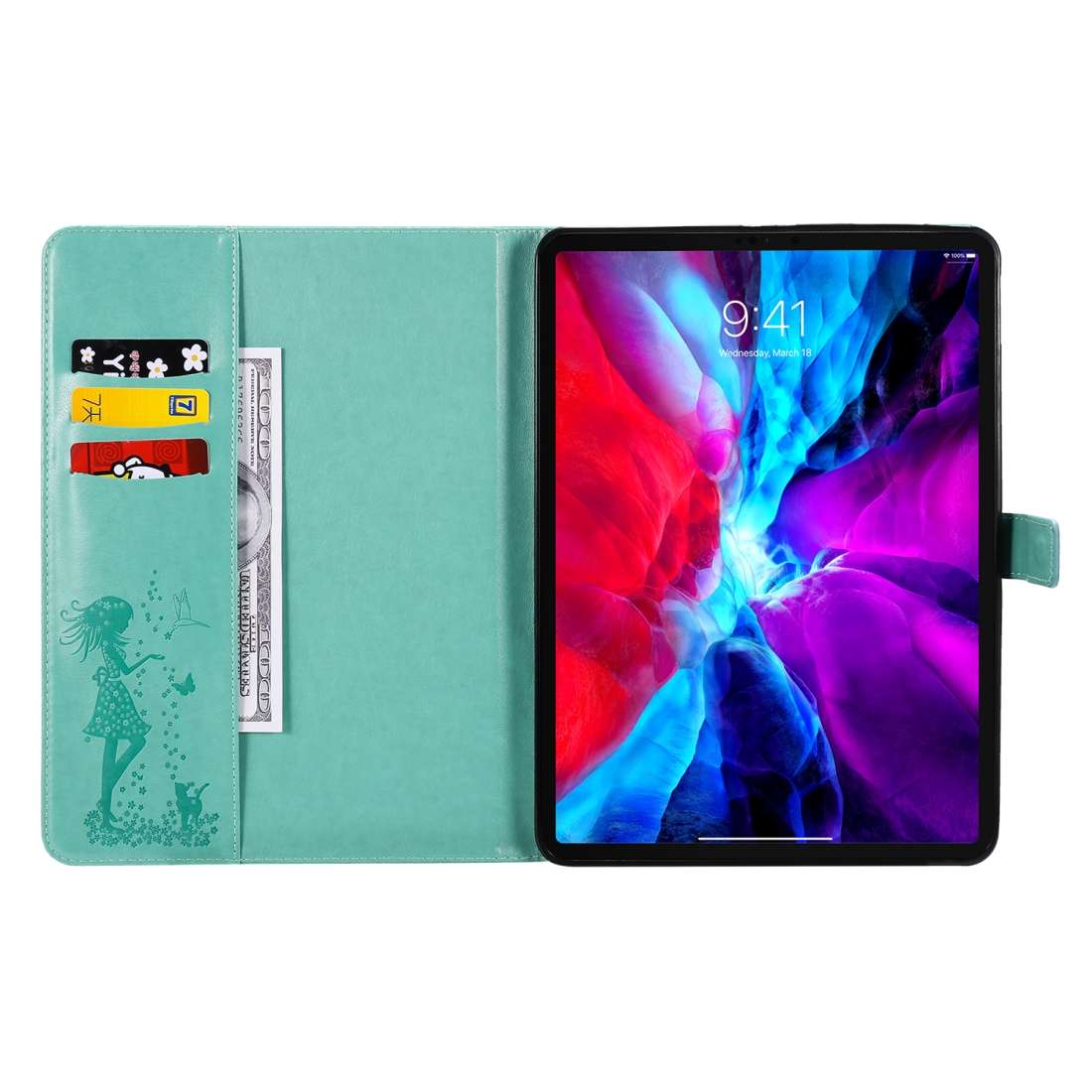 For iPad Pro 11 (2020) Pressed Printing Woman and Cat Pattern Horizontal Flip Leather ... (Green)