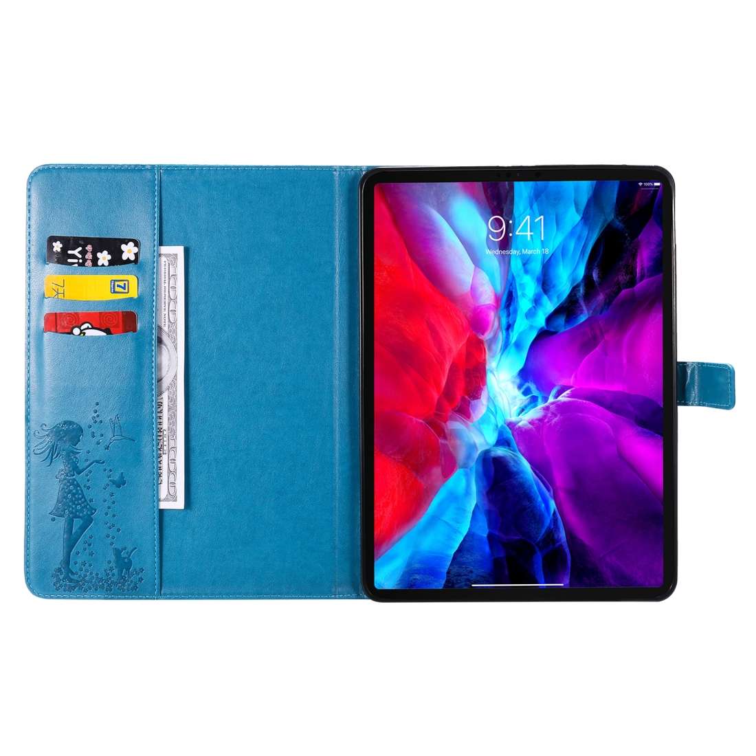 For iPad Pro 11 (2020) Pressed Printing Woman and Cat Pattern Horizontal Flip Leather T ... (Blue)