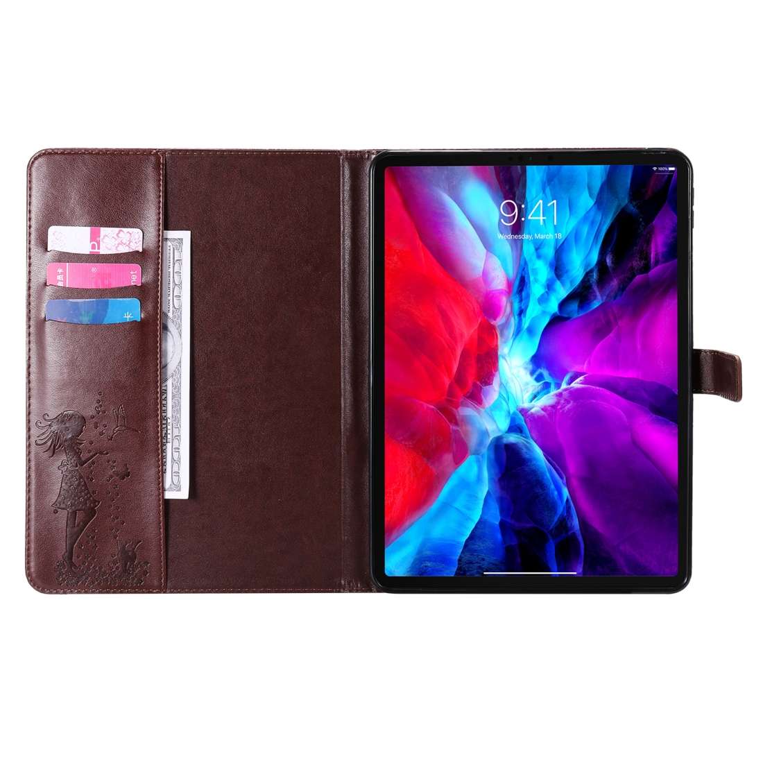 For iPad Pro 11 (2020) Pressed Printing Woman and Cat Pattern Horizontal Flip Leather ... (Coffee)