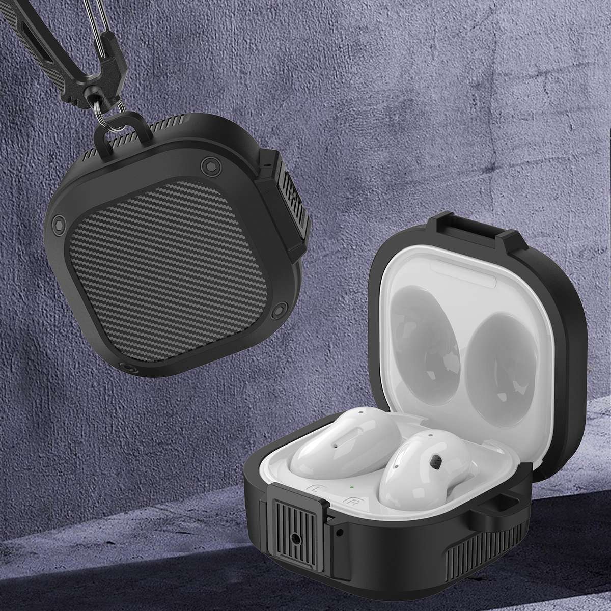 Wireless Earphones Silicone Case with Switch & Carabiner for Samsung Galaxy Buds Live ... (Black)