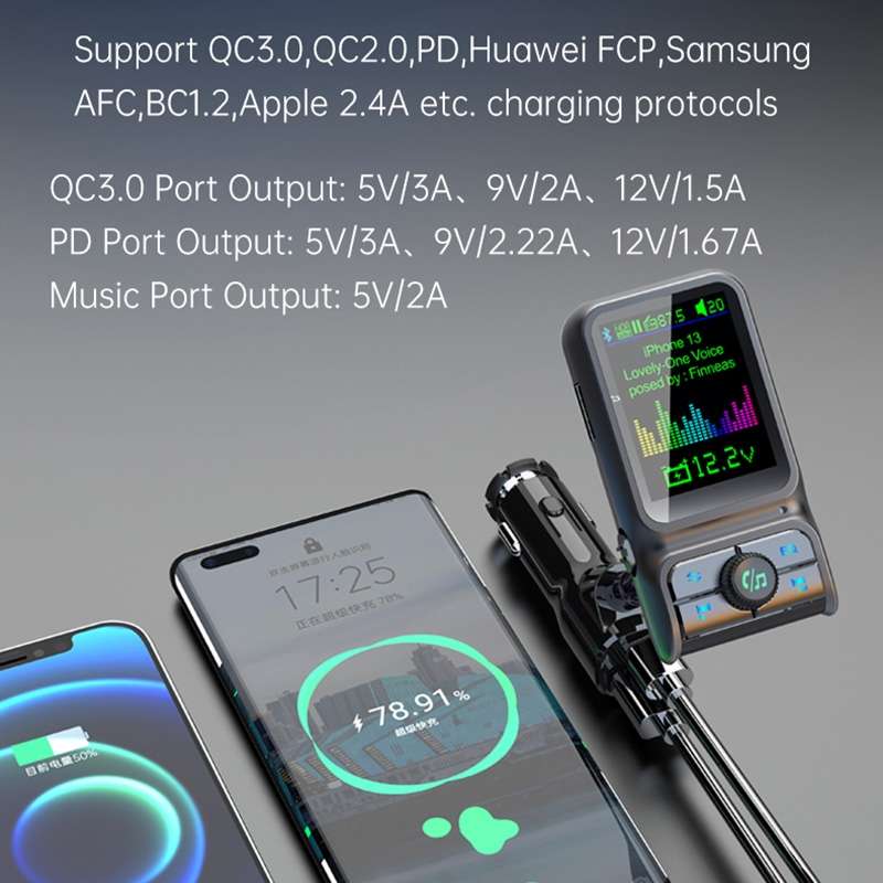 BC85 Colorful Screen Car Bluetooth 5.0 FM Transmitter MP3 Player