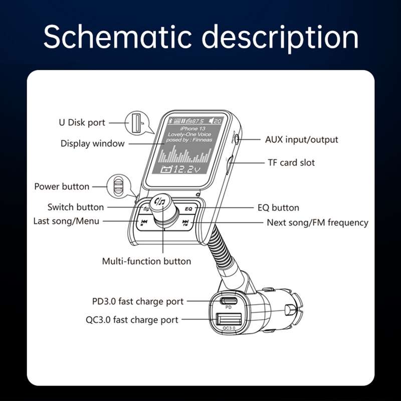 BC85 Colorful Screen Car Bluetooth 5.0 FM Transmitter MP3 Player