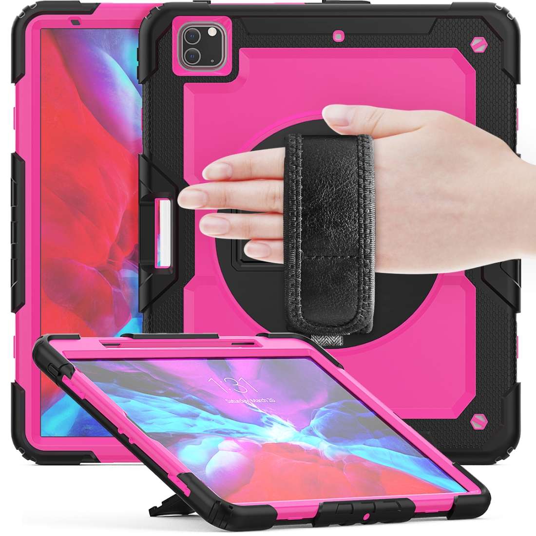 For iPad Pro 12.9 (2020) Shockproof Colorful Silicone + PC Protective Tablet ... (Black+Rose Red)