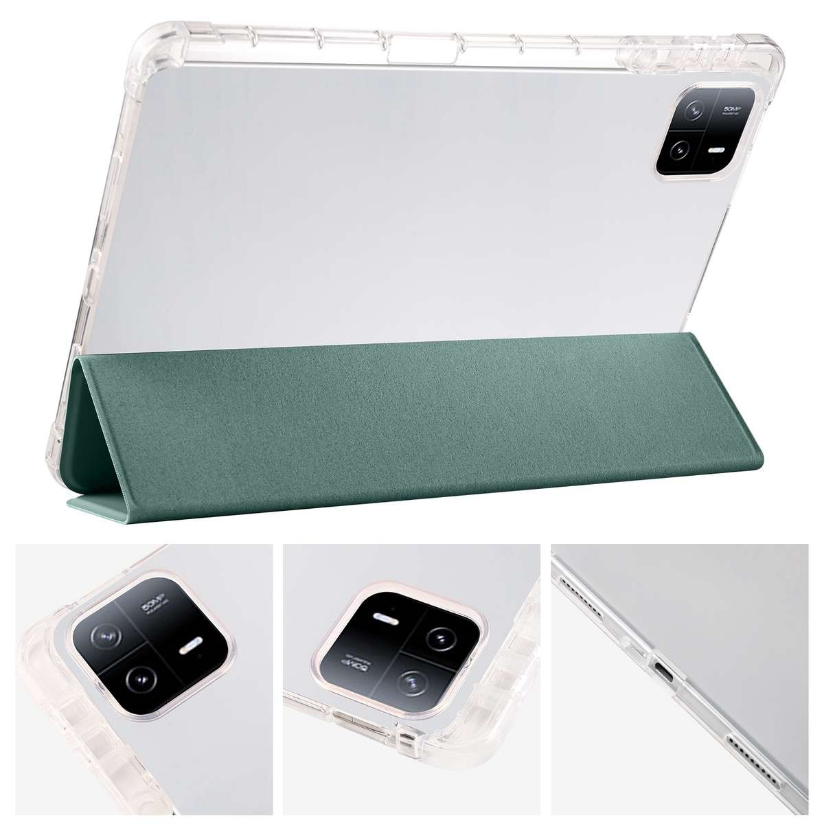 For Xiaomi Pad 7 / 7 Pro 3-fold Clear TPU Smart Leather Tablet Case with Pen Slot(Dark Green)