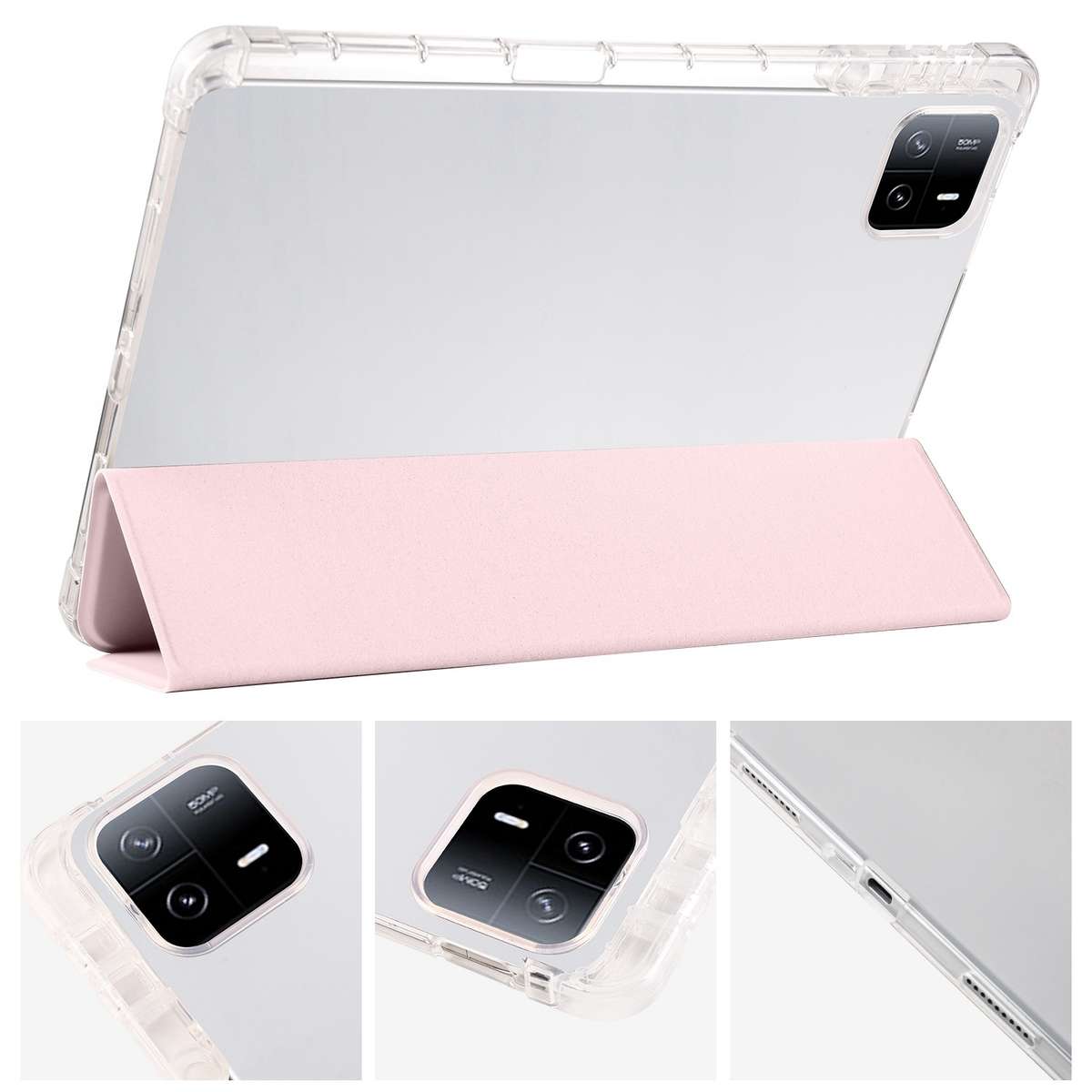 For Xiaomi Pad 7 / 7 Pro 3-fold Clear TPU Smart Leather Tablet Case with Pen Slot(Sand Pink)