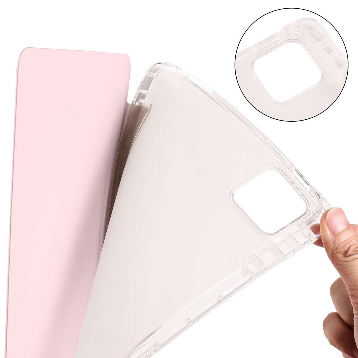 For Xiaomi Pad 7 / 7 Pro 3-fold Clear TPU Smart Leather Tablet Case with Pen Slot(Sand Pink)