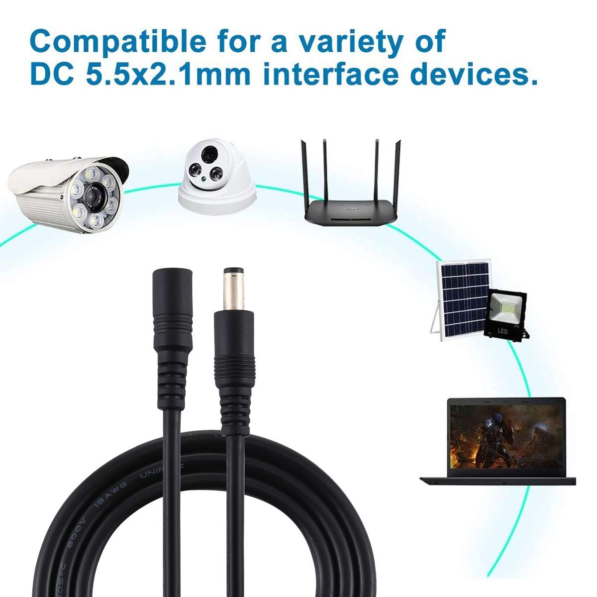8A 5.5 x 2.1mm Female to Male DC Power Extension Cable, Length:3m(Black)