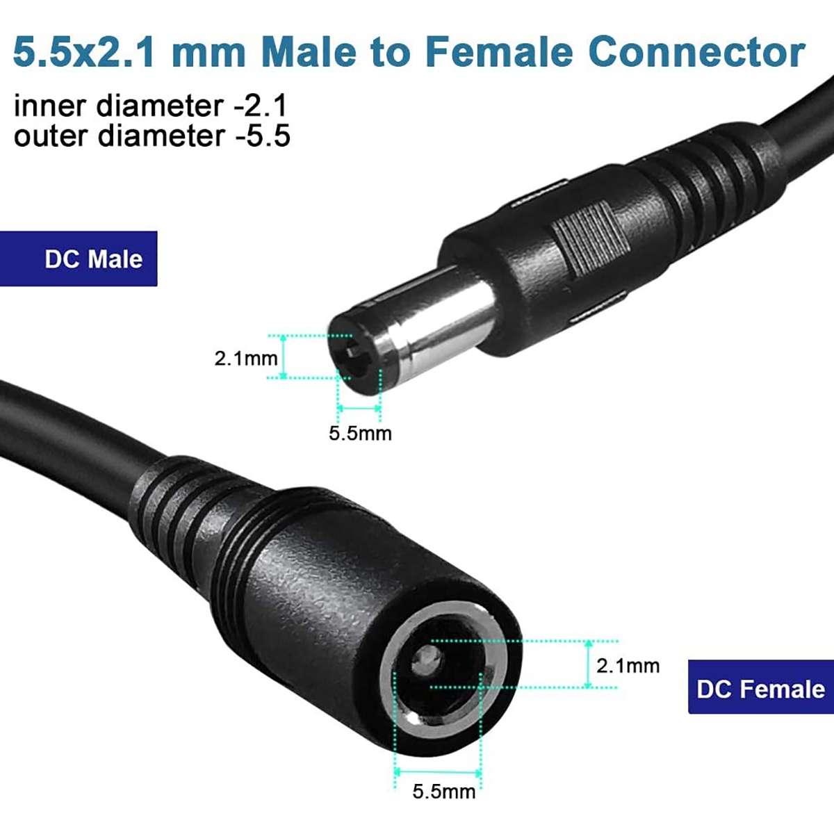 8A 5.5 x 2.1mm Female to Male DC Power Extension Cable(Black)