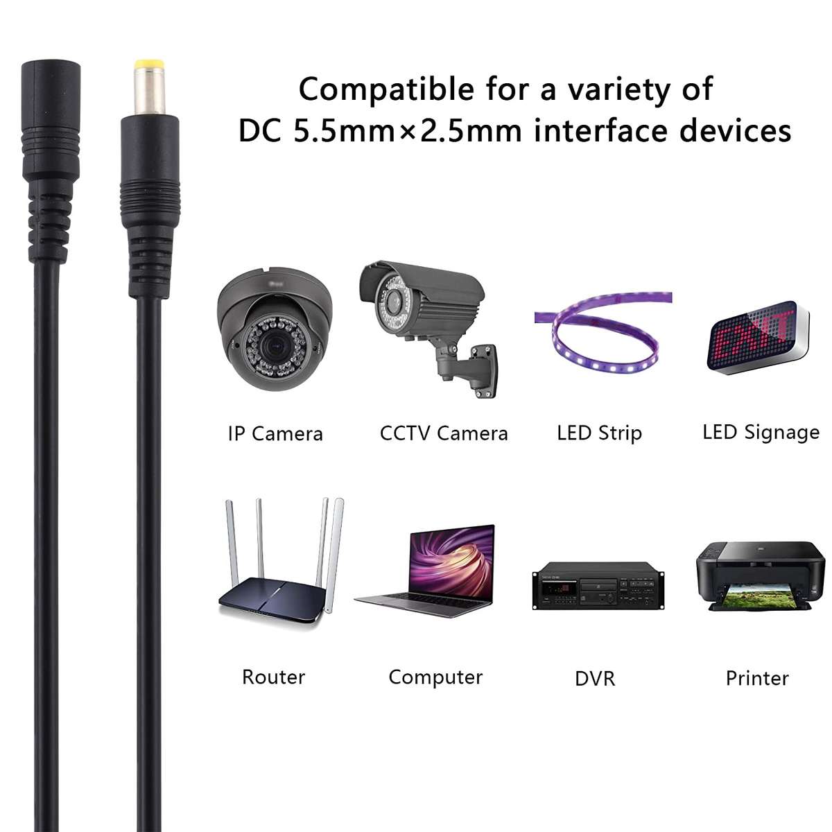 8A 5.5 x 2.5mm Female to Male DC Power Extension Cable, Cable Length:1m(Black)