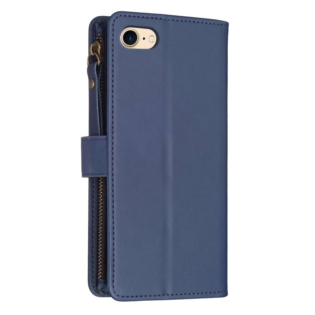 For iPhone SE 2022/SE 2020 / 8 / 7 9 Card Slots Zipper Wallet Leather Flip Phone Case(Blue)