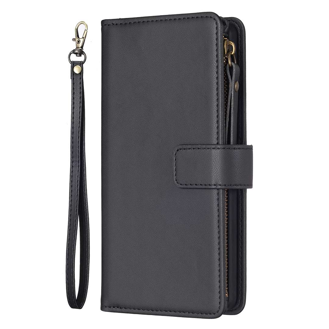 For iPhone SE 2022/SE 2020 / 8 / 7 9 Card Slots Zipper Wallet Leather Flip Phone Case(Black)