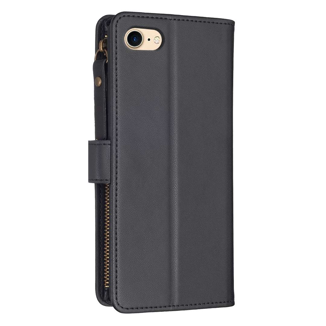 For iPhone SE 2022/SE 2020 / 8 / 7 9 Card Slots Zipper Wallet Leather Flip Phone Case(Black)