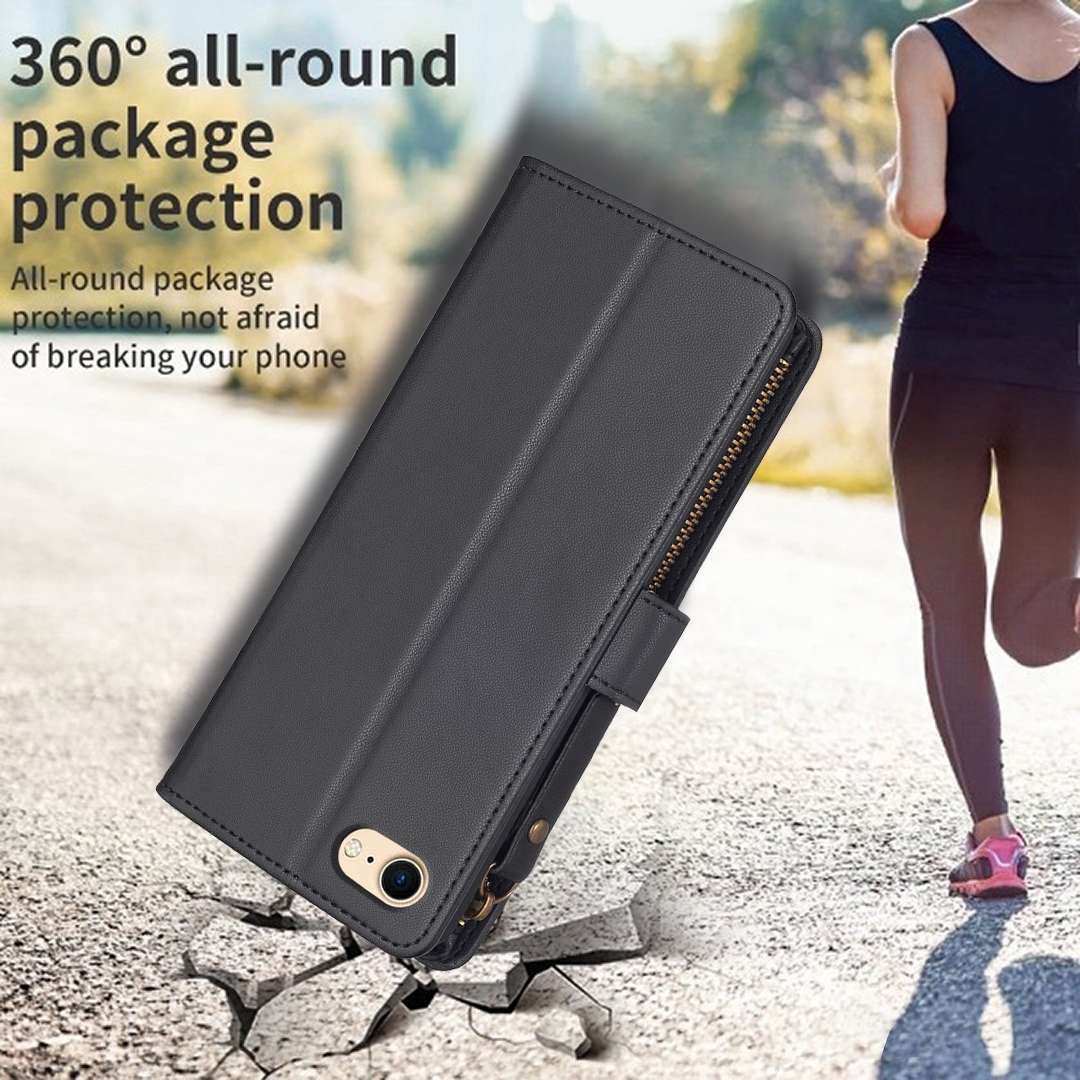 For iPhone SE 2022/SE 2020 / 8 / 7 9 Card Slots Zipper Wallet Leather Flip Phone Case(Black)