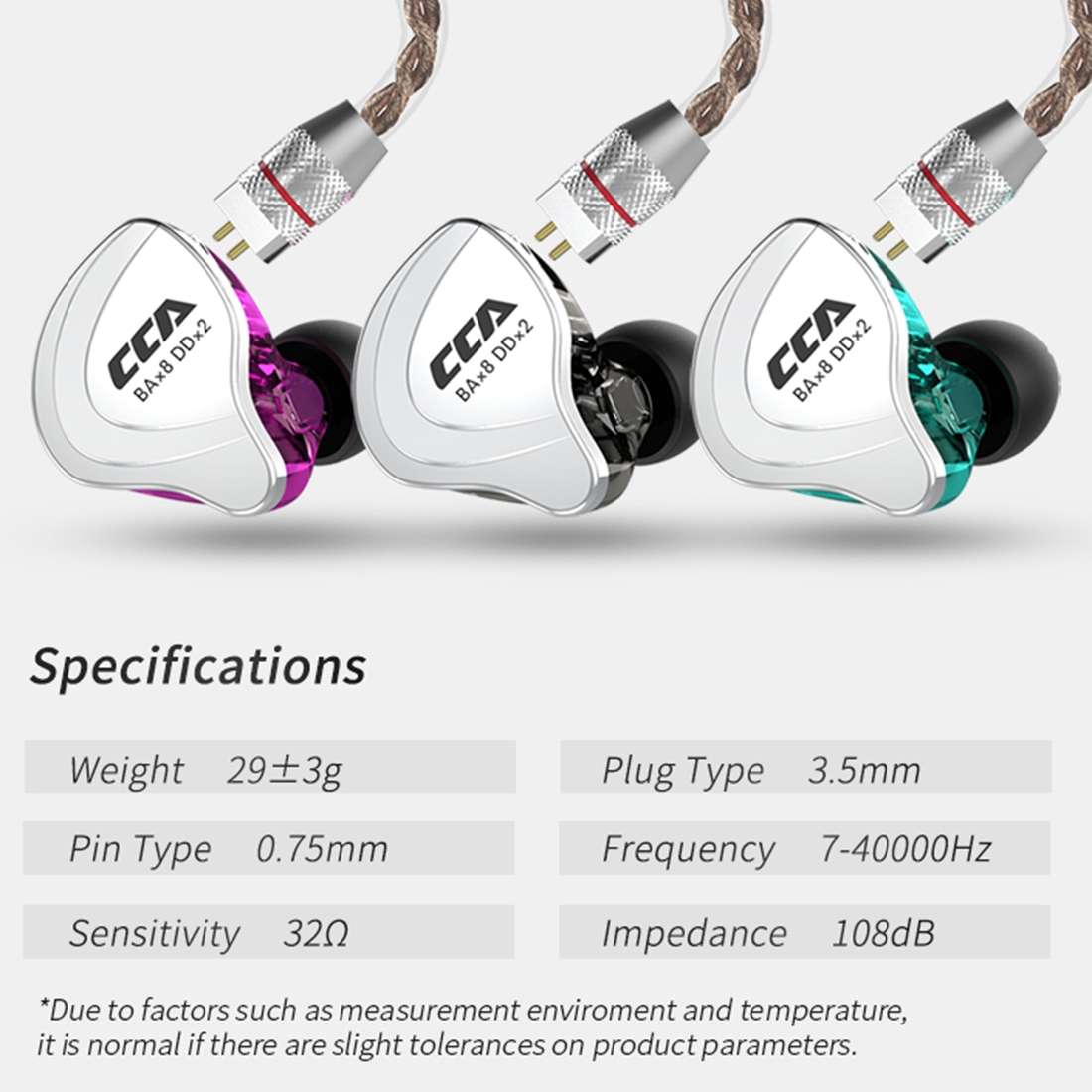 CCA CCA-C10 3.5mm Gold Plated Plug Ten Unit Hybrid Wire-controlled In-ear Ea ... (Streamer Purple)