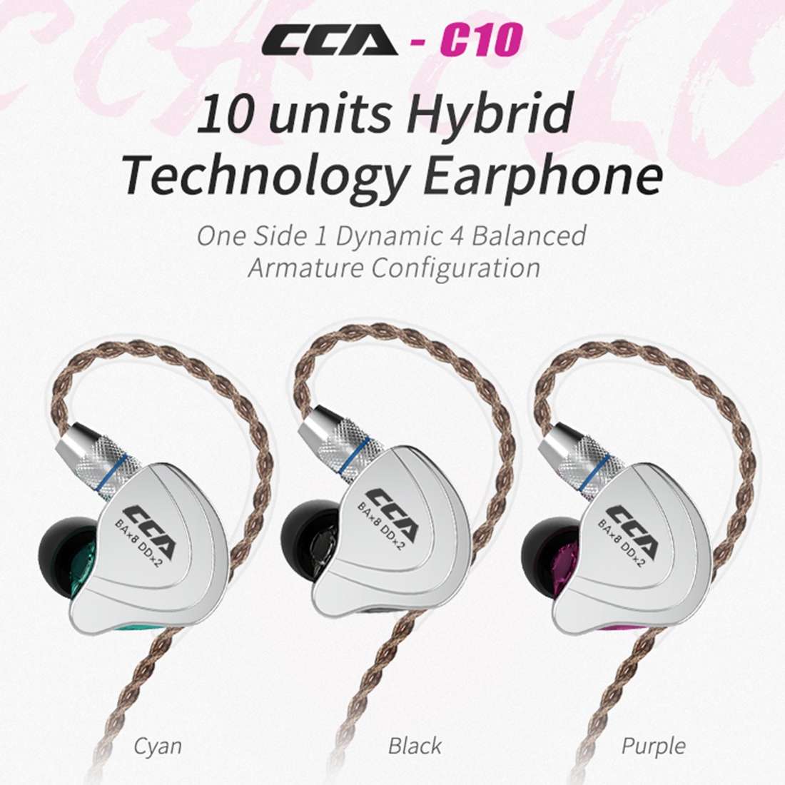 CCA CCA-C10 3.5mm Gold Plated Plug Ten Unit Hybrid Wire-controlled In-ear Ea ... (Streamer Purple)