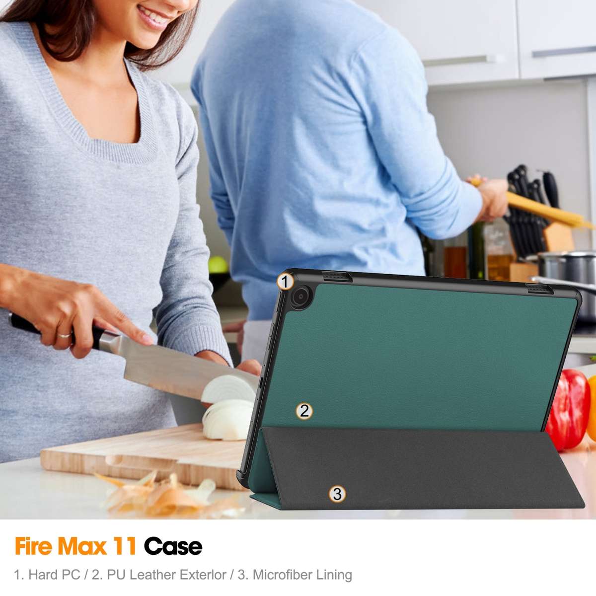For Amazon Fire Max 11 Custer Pure Color 3-Fold Holder Smart Leather Tablet Case(Dark Green)