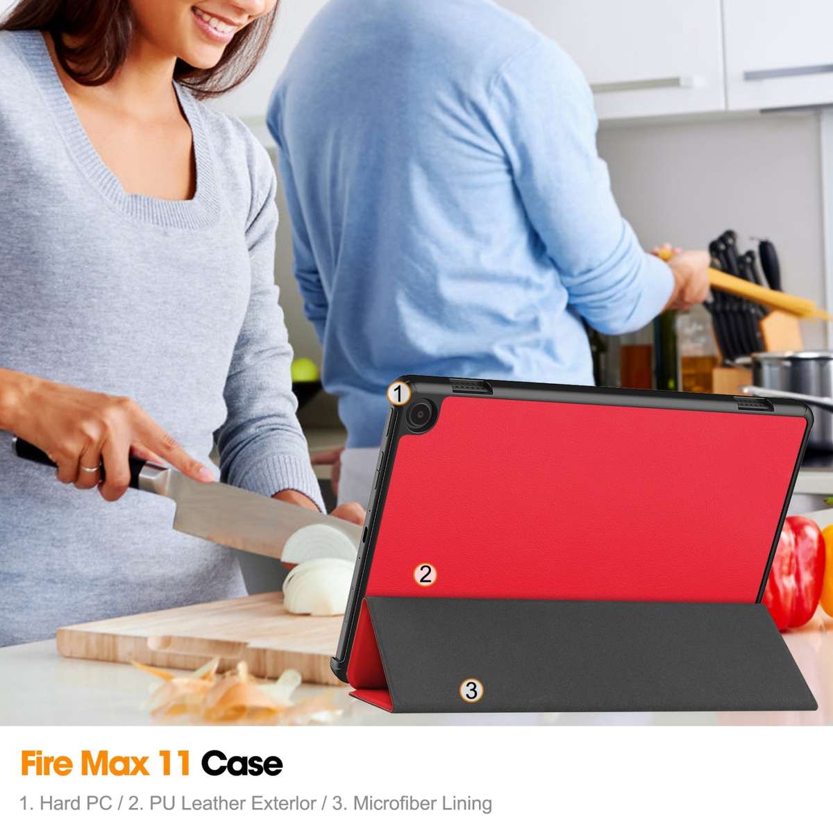 For Amazon Fire Max 11 Custer Pure Color 3-Fold Holder Smart Leather Tablet Case(Red)