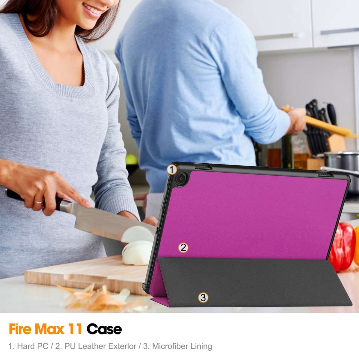 For Amazon Fire Max 11 Custer Pure Color 3-Fold Holder Smart Leather Tablet Case(Purple)