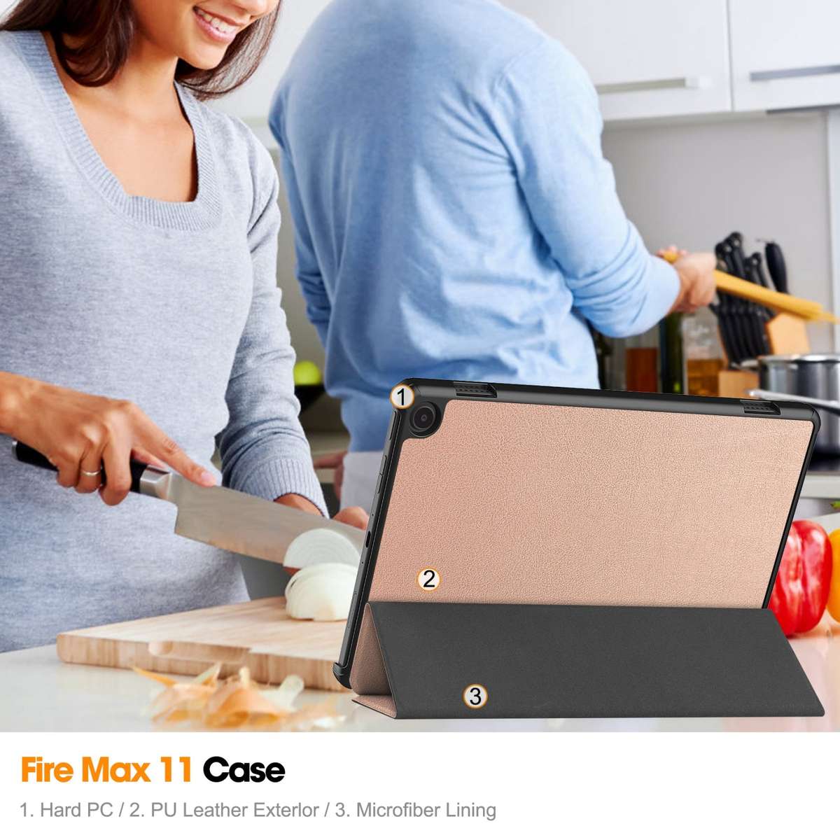 For Amazon Fire Max 11 Custer Pure Color 3-Fold Holder Smart Leather Tablet Case(Rose Gold)