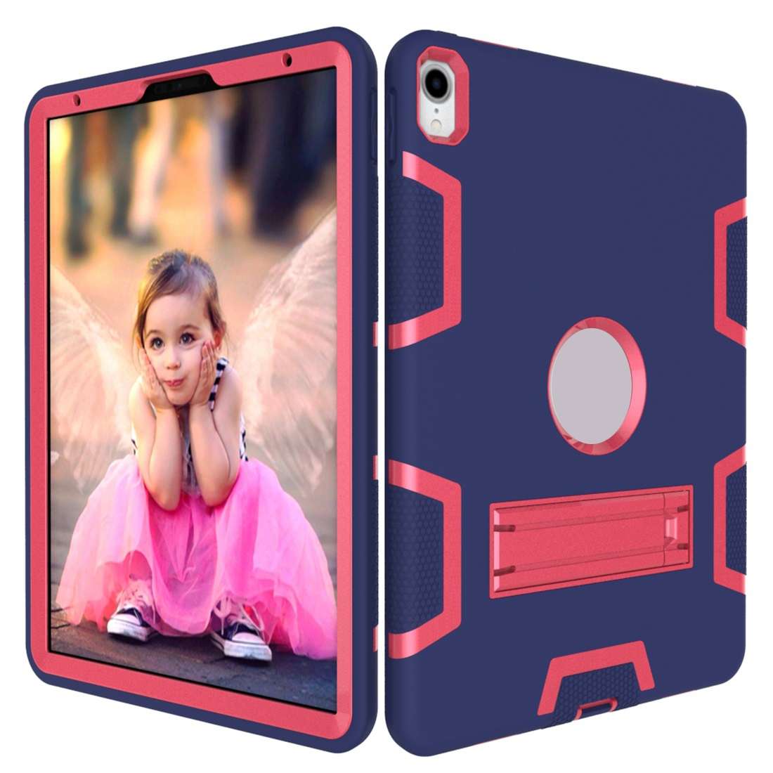 For iPad Pro 11 (2018) Shockproof PC + Silicone Protective Casewith Holder(Navy Blue Rose)