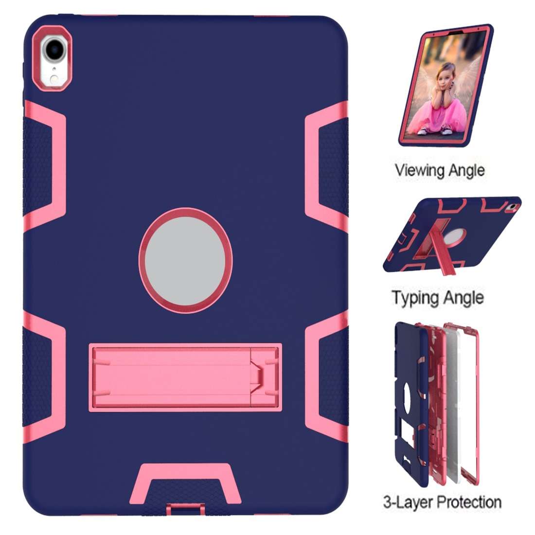 For iPad Pro 11 (2018) Shockproof PC + Silicone Protective Casewith Holder(Navy Blue Rose)