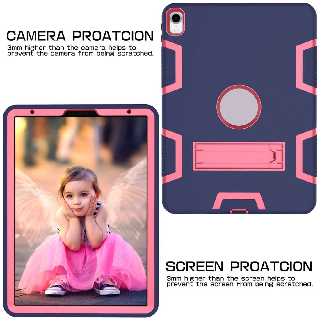 For iPad Pro 11 (2018) Shockproof PC + Silicone Protective Casewith Holder(Navy Blue Rose)