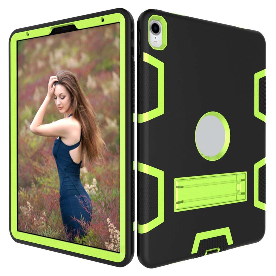 For iPad Pro 11 (2018) Shockproof PC + Silicone Protective Casewith Holder(Black Yellow Green)