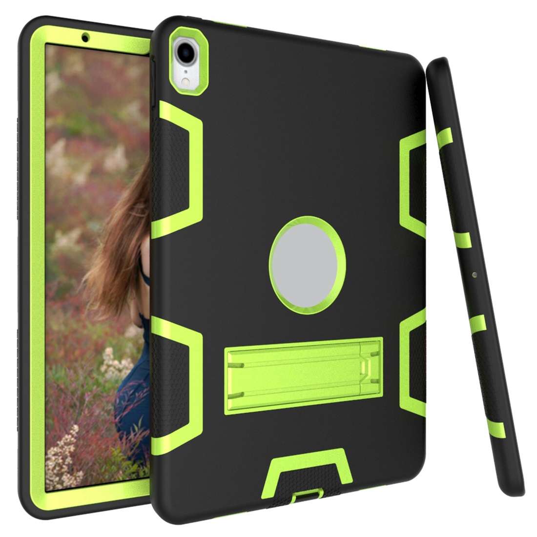 For iPad Pro 11 (2018) Shockproof PC + Silicone Protective Casewith Holder(Black Yellow Green)