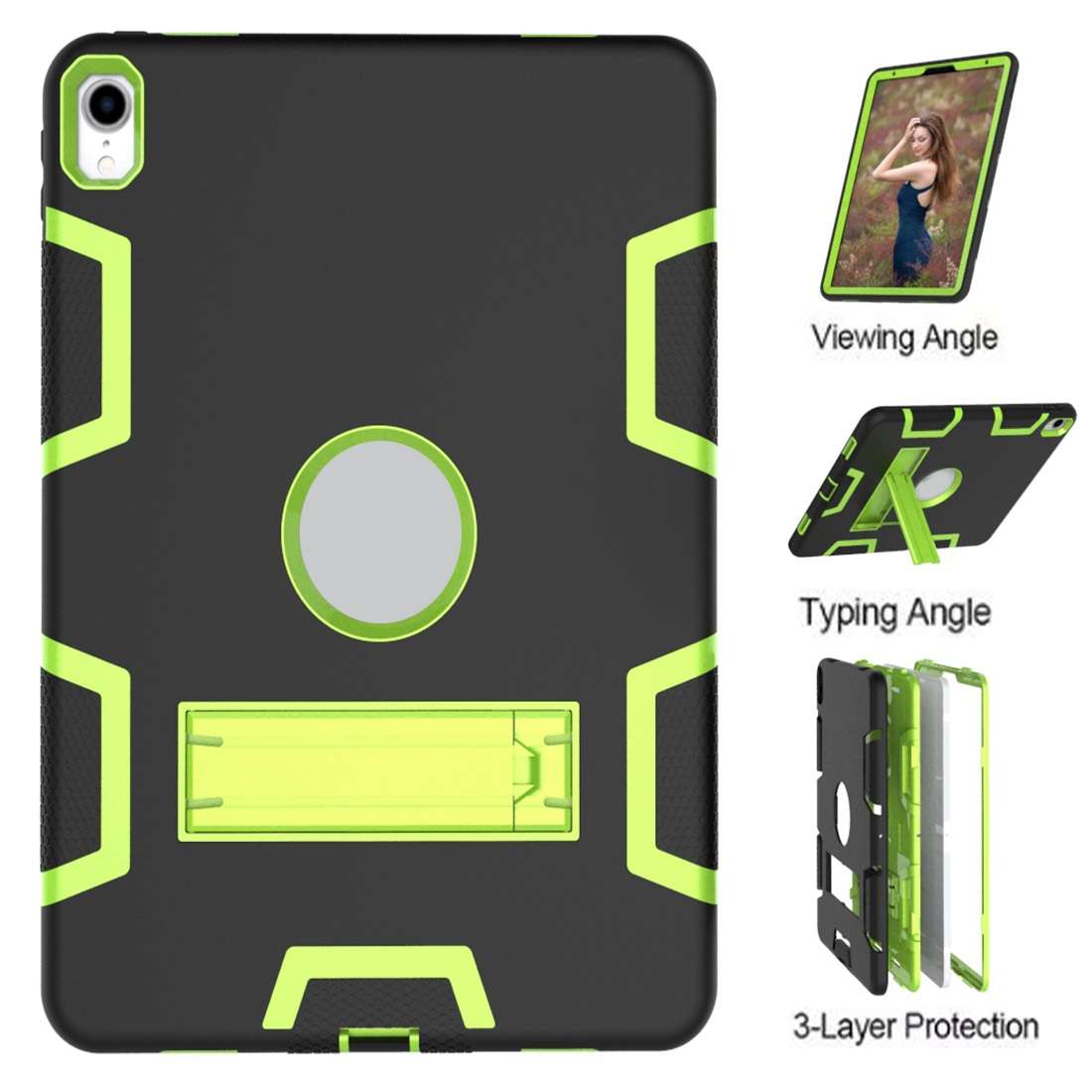 For iPad Pro 11 (2018) Shockproof PC + Silicone Protective Casewith Holder(Black Yellow Green)