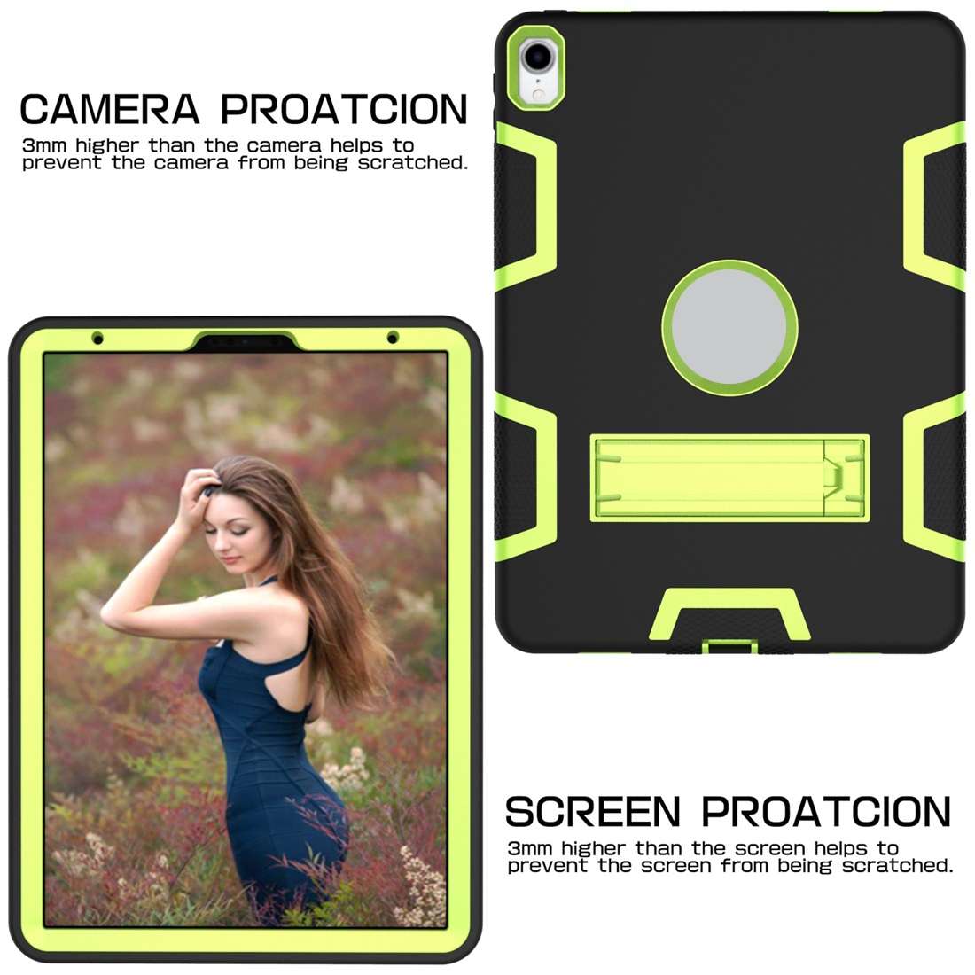 For iPad Pro 11 (2018) Shockproof PC + Silicone Protective Casewith Holder(Black Yellow Green)