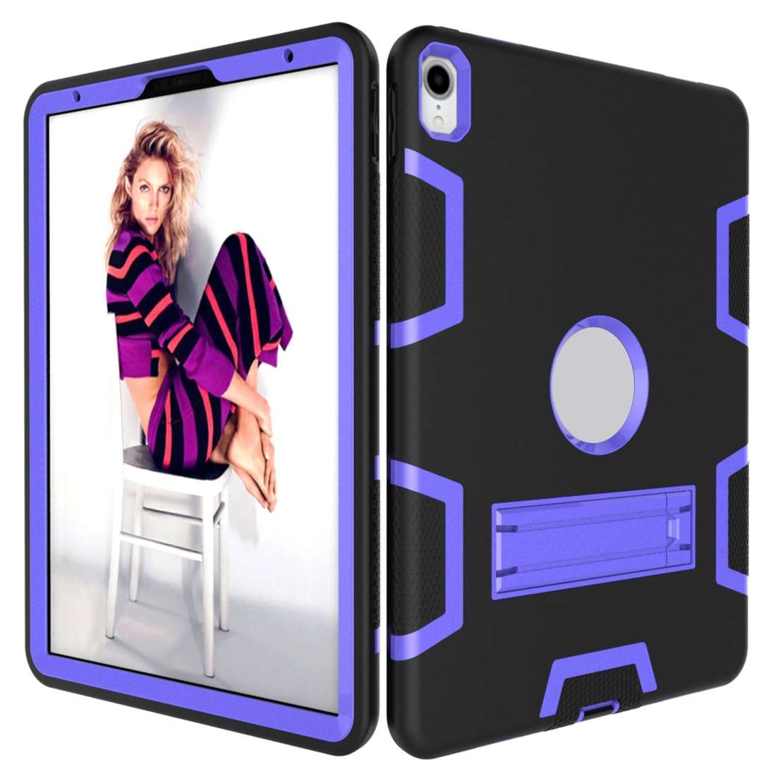 For iPad Pro 11 (2018) Shockproof PC + Silicone Protective Casewith Holder(Black Purple)