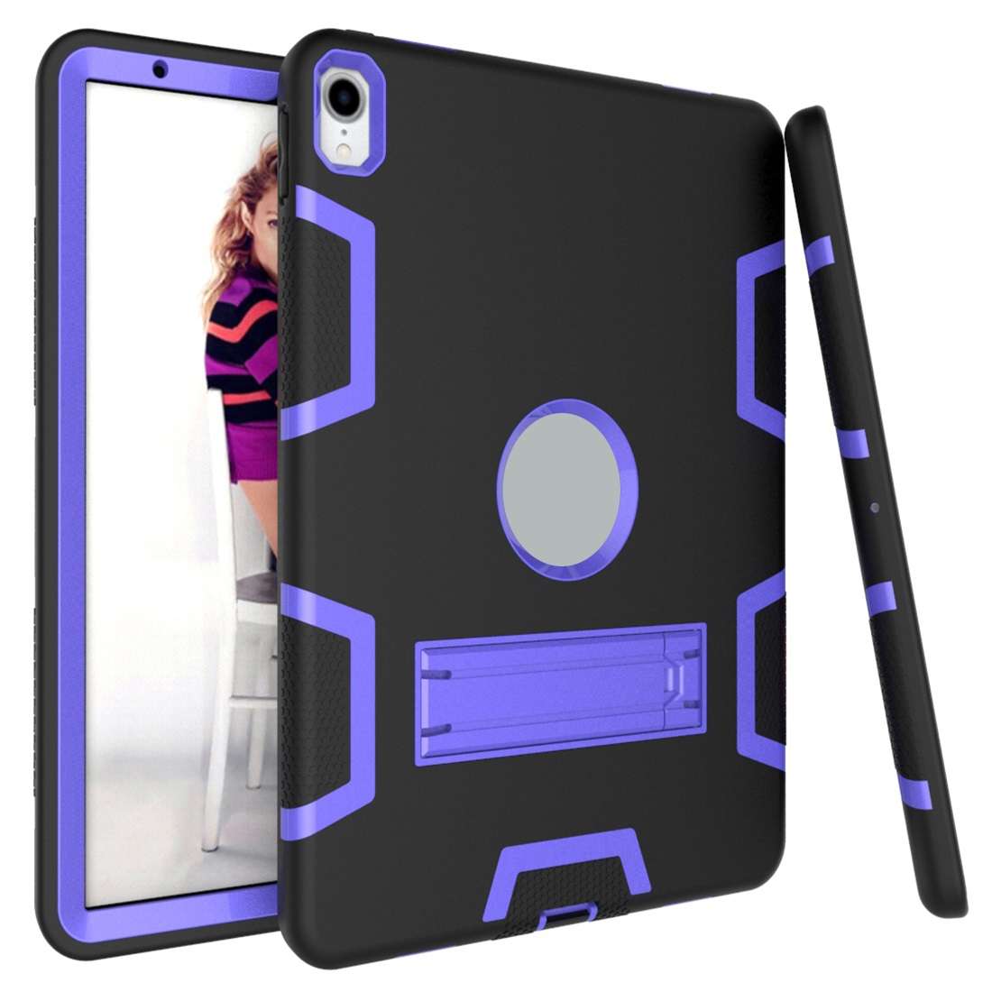 For iPad Pro 11 (2018) Shockproof PC + Silicone Protective Casewith Holder(Black Purple)
