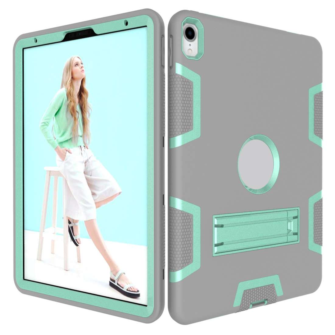 For iPad Pro 11 (2018) Shockproof PC + Silicone Protective Casewith Holder(Gray Mint Green)