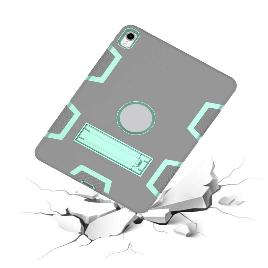 For iPad Pro 11 (2018) Shockproof PC + Silicone Protective Casewith Holder(Gray Mint Green)