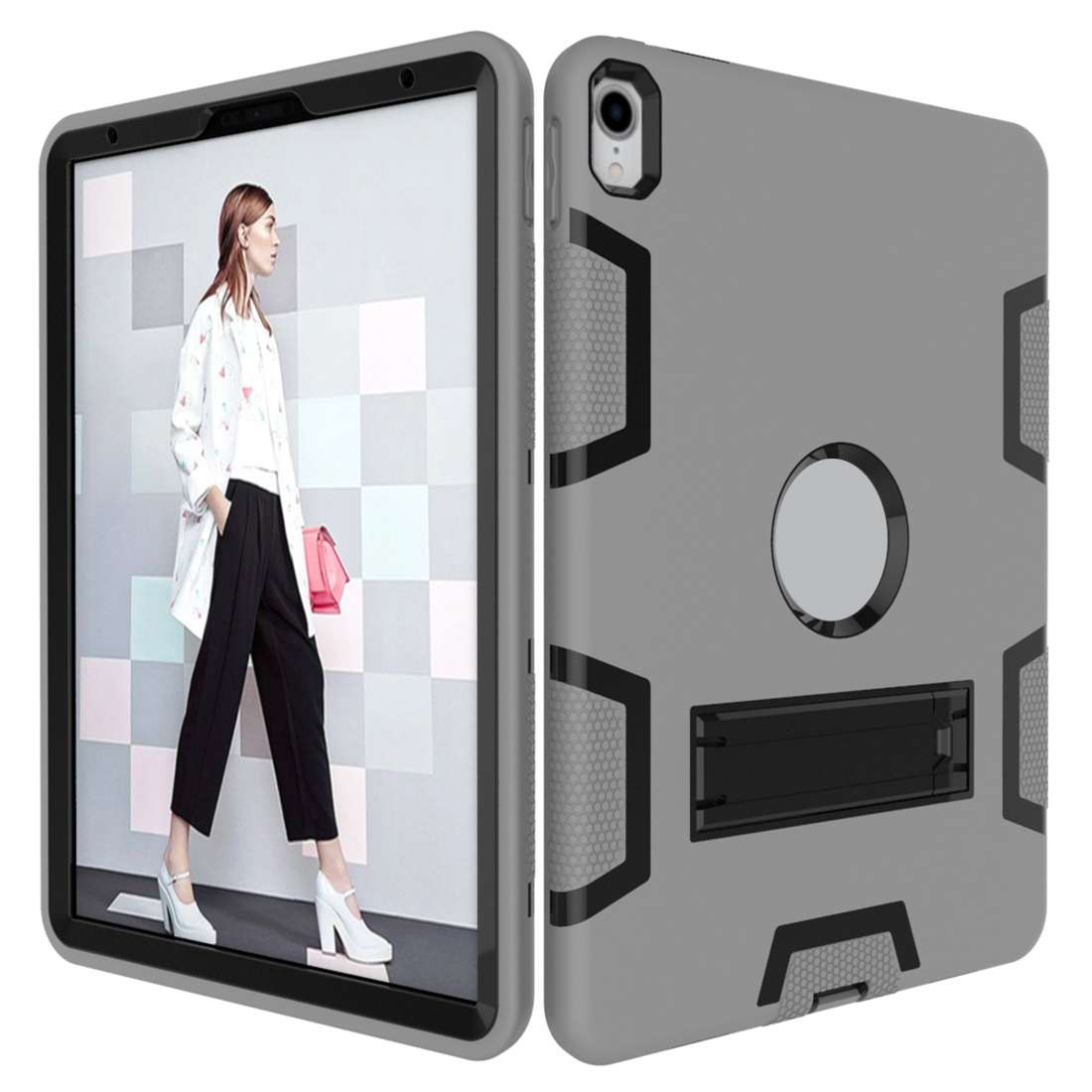 For iPad Pro 11 (2018) Shockproof PC + Silicone Protective Casewith Holder(Gray Black)