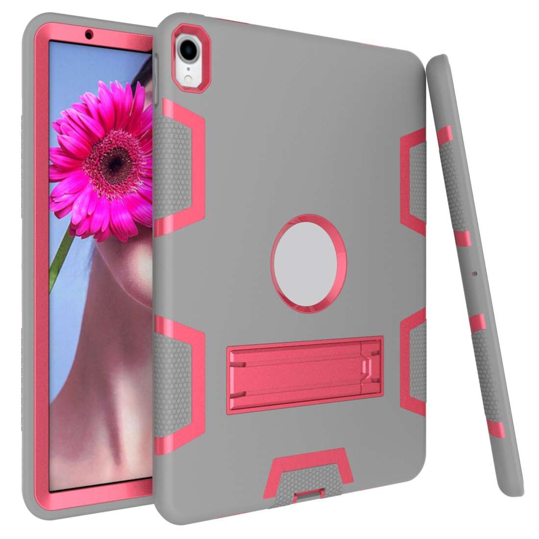 For iPad Pro 11 (2018) Shockproof PC + Silicone Protective Casewith Holder(Gray Rose)