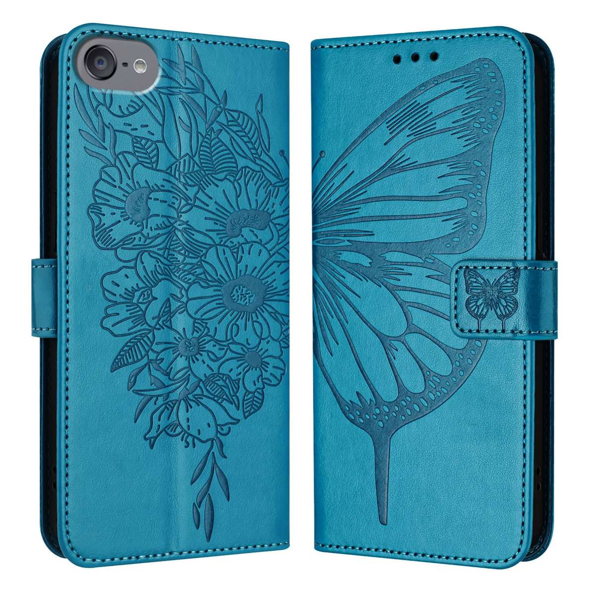 For iPod Touch 7 / 6 / 5 Embossed Butterfly Leather Phone Case(Blue)