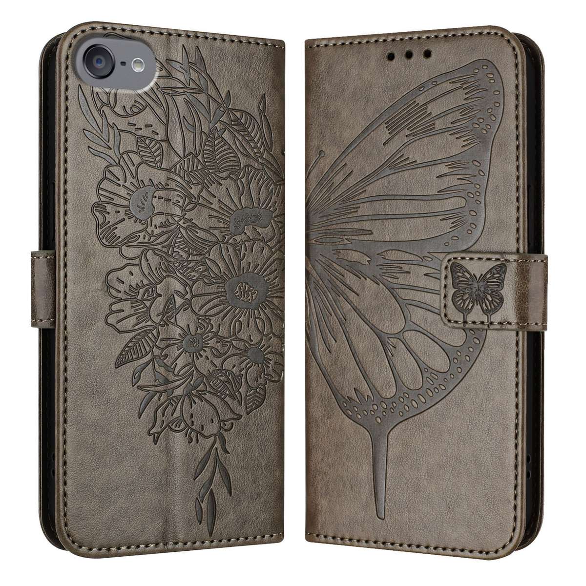 For iPod Touch 7 / 6 / 5 Embossed Butterfly Leather Phone Case(Grey)