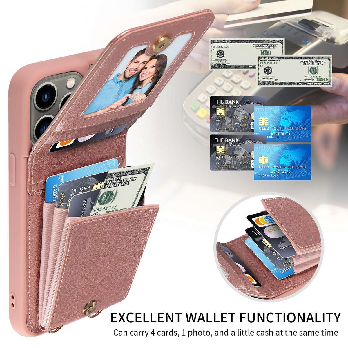 For iPhone 13 Pro Crossbody Lanyard Zipper Wallet Leather Phone Case(Rose Gold)