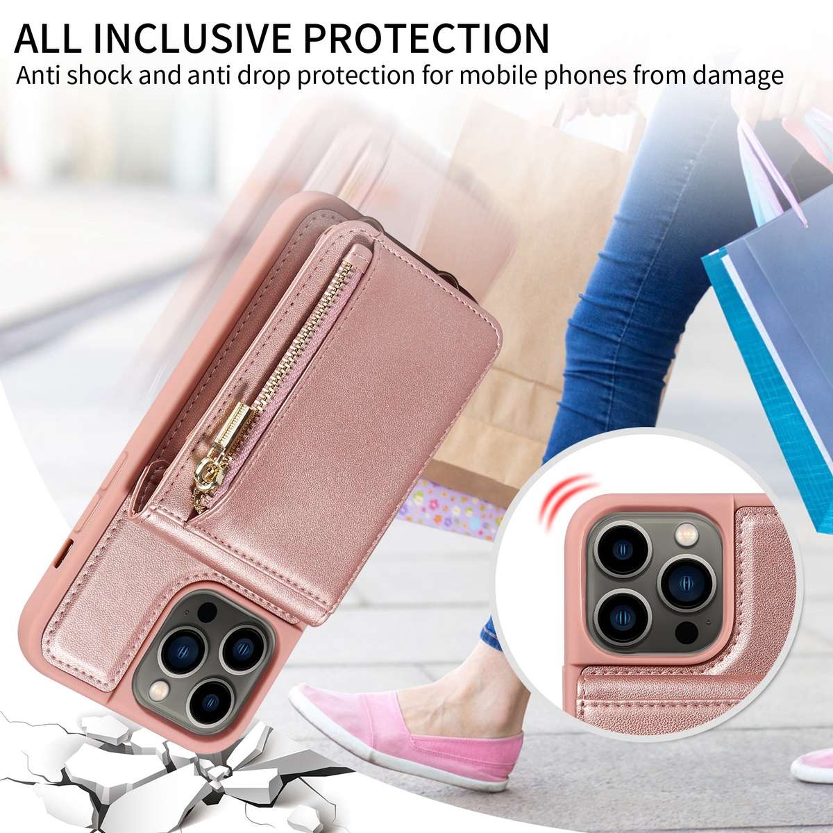 For iPhone 13 Pro Crossbody Lanyard Zipper Wallet Leather Phone Case(Rose Gold)