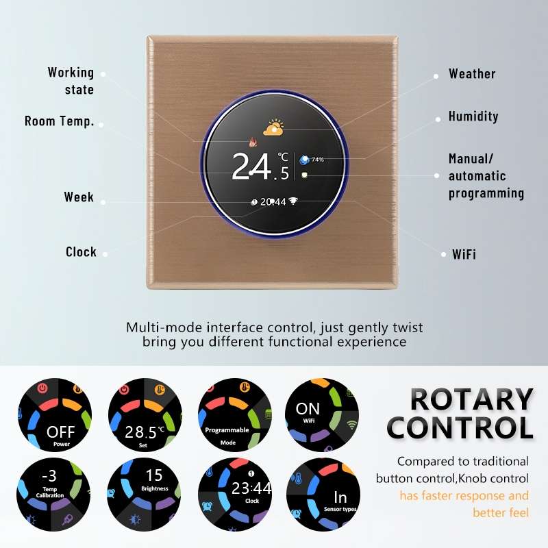BHT-7000-GALZB 95-240V AC 3A Smart Knob Thermostat Water Heating Controller with Zigbee(Black)