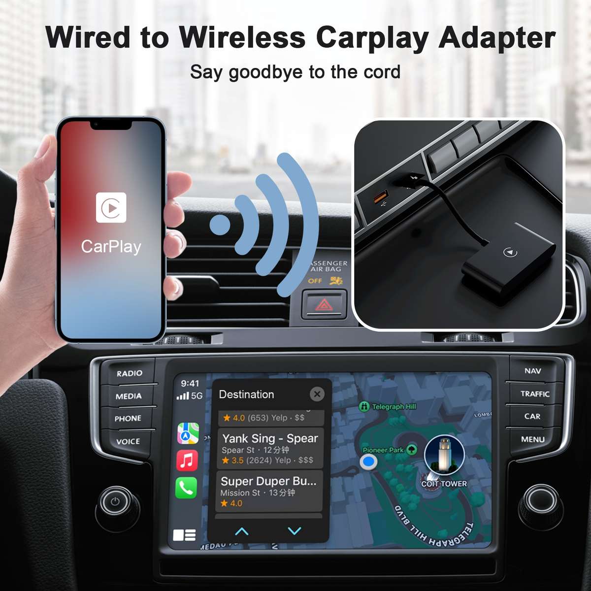 USB + USB-C / Type-C Wired to Wireless Carplay Adapter for iPhone(Black)