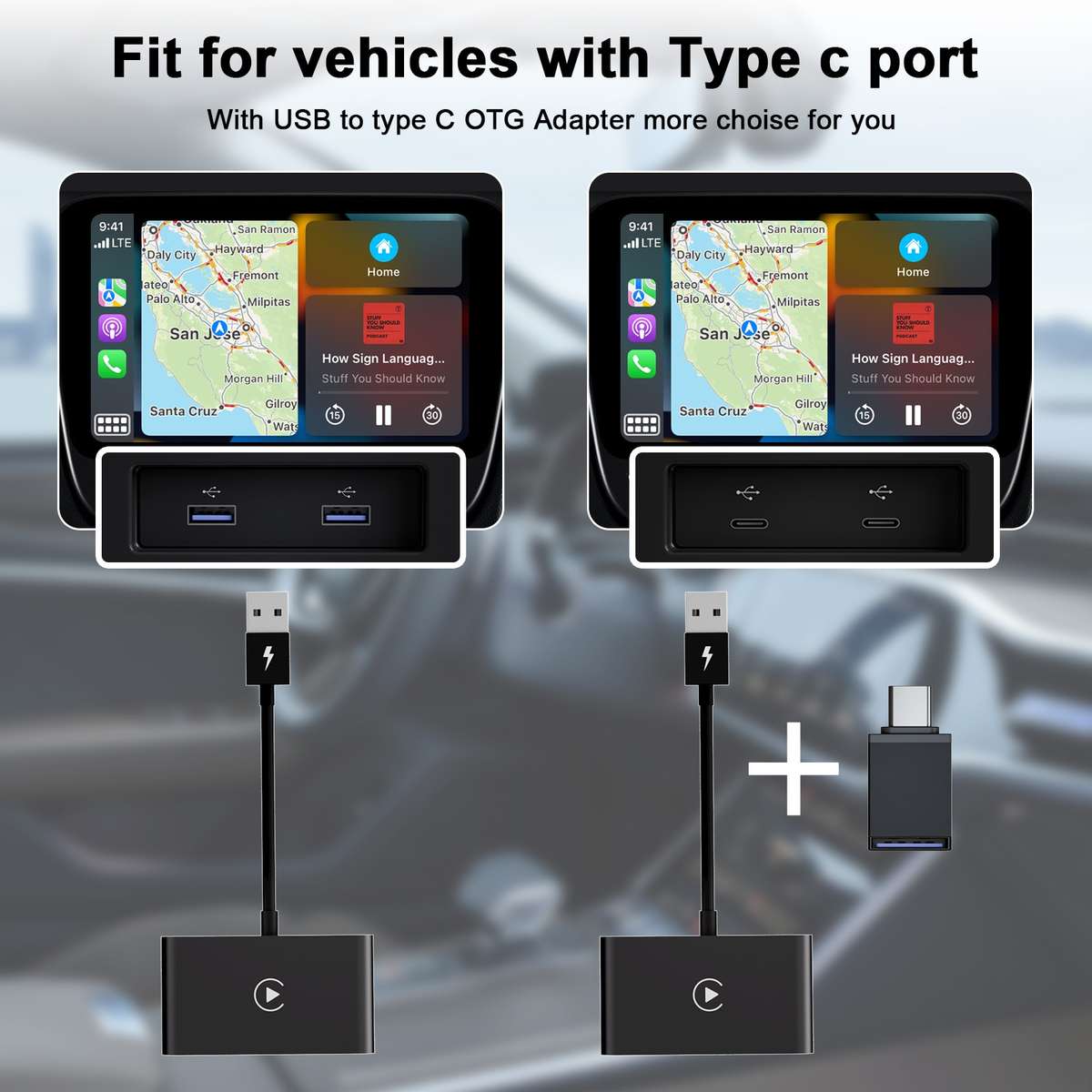 USB + USB-C / Type-C Wired to Wireless Carplay Adapter for iPhone(Black)