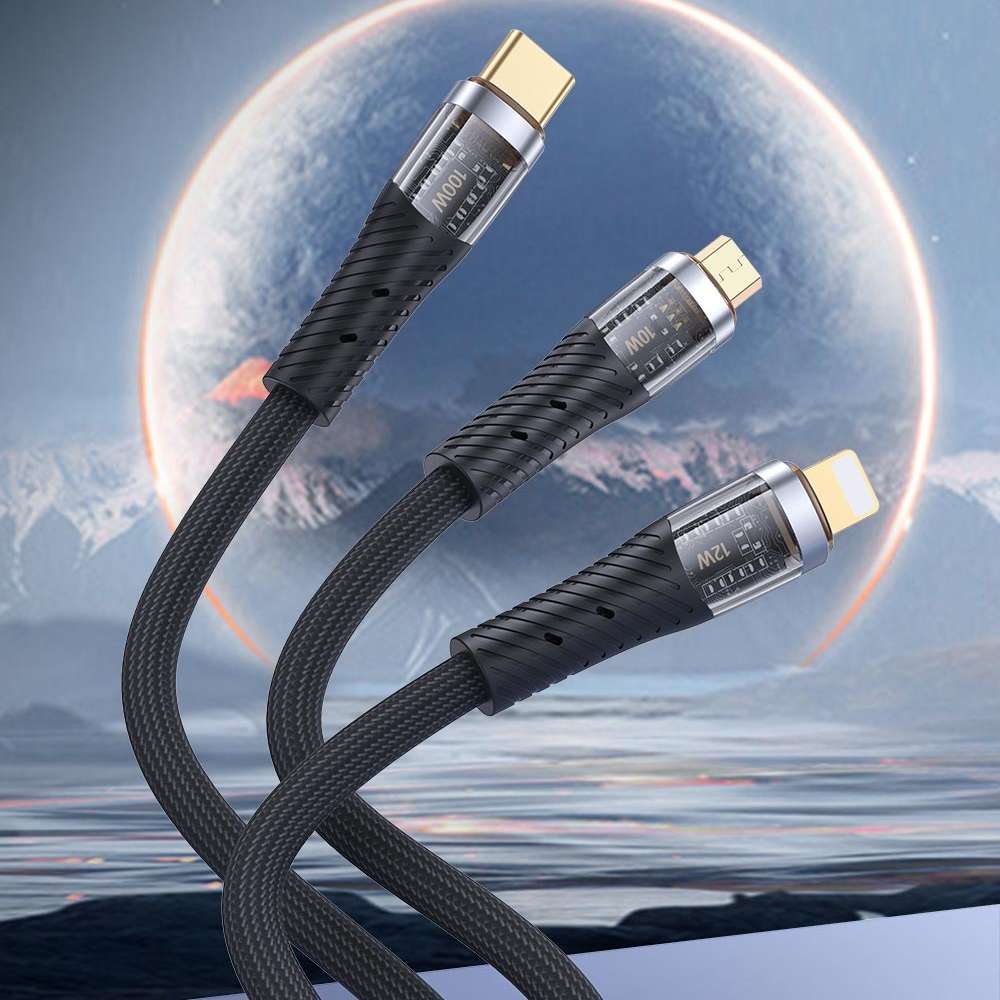 TOTU CB-8-3 100W 3 in 1 USB to 8 Pin+Type-C+Micro USB Transparent Braided Data Cable, Length: 1.5m