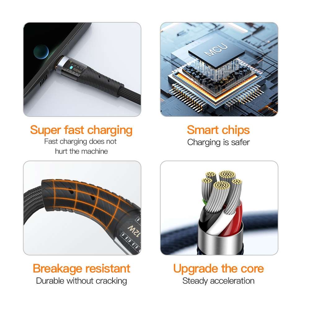 TOTU CB-8-3 100W 3 in 1 USB to 8 Pin+Type-C+Micro USB Transparent Braided Data Cable, Length: 1.5m