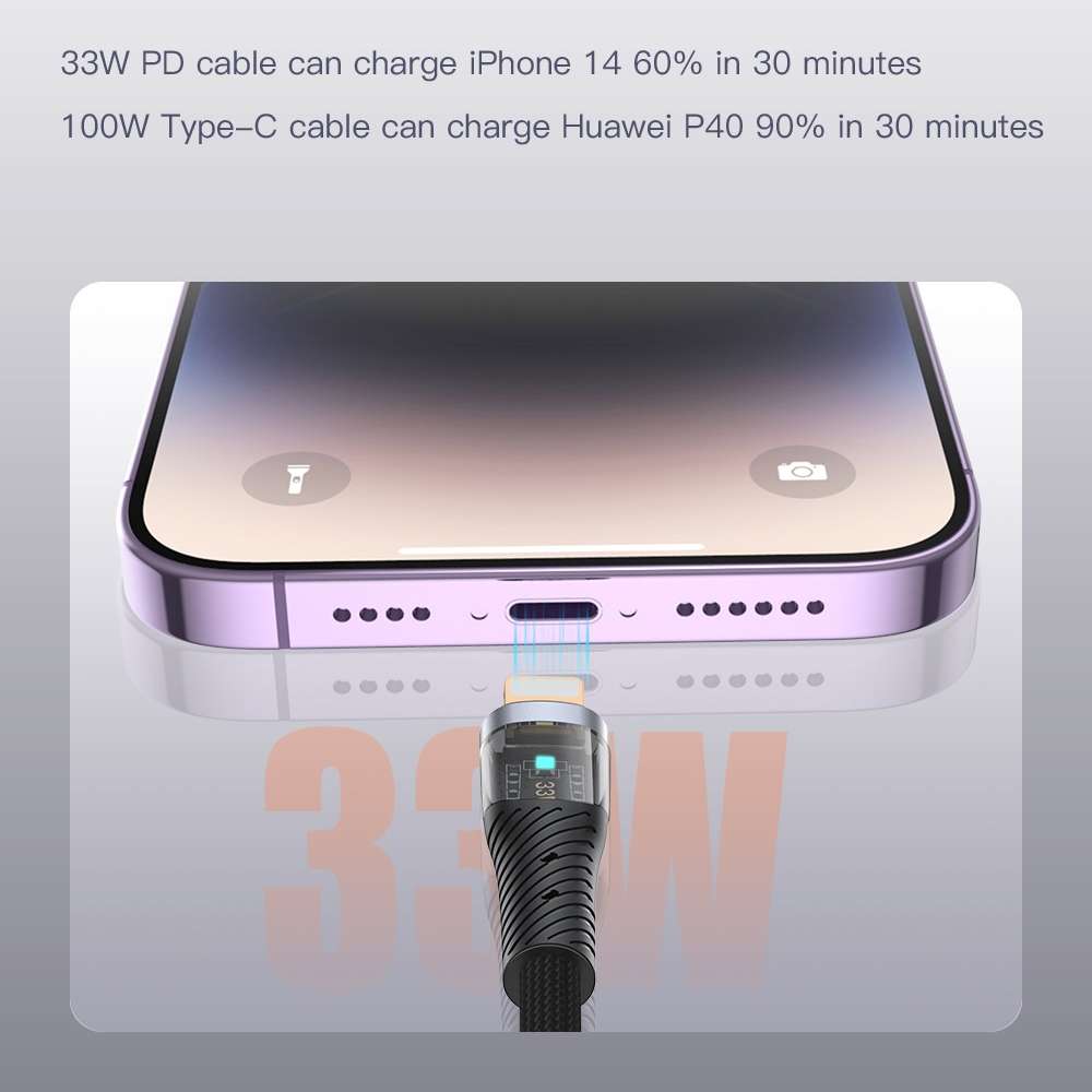 TOTU CB-8-3 100W 3 in 1 USB to 8 Pin+Type-C+Micro USB Transparent Braided Data Cable, Length: 1.5m