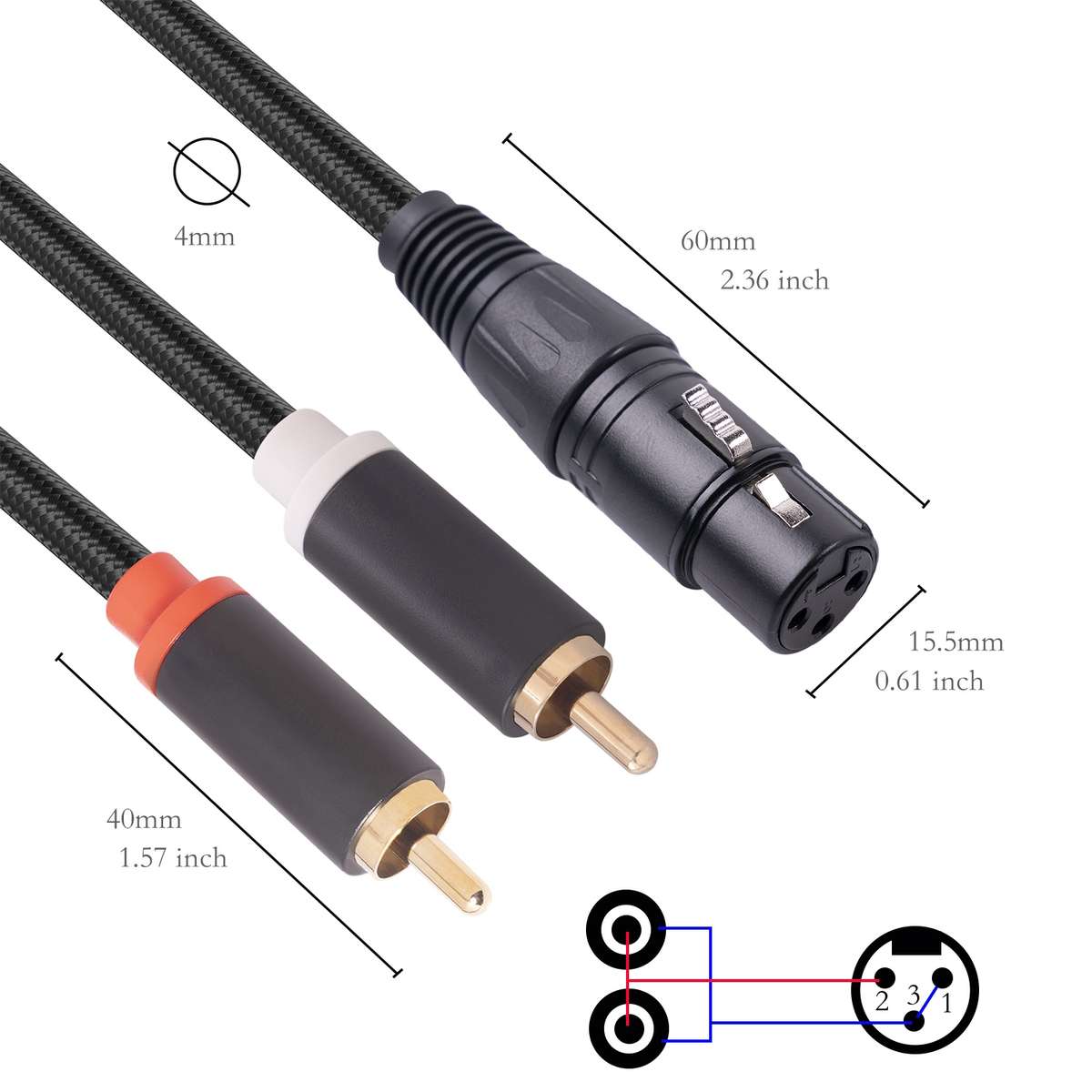 RCA20 XLR Female to Dual RCA Y-Splitter Audio Cable, Length:2m